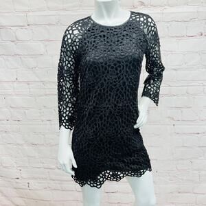 ZARA Woman Black Lace Crochet Dress Faux Leather Trim Neckline Size S